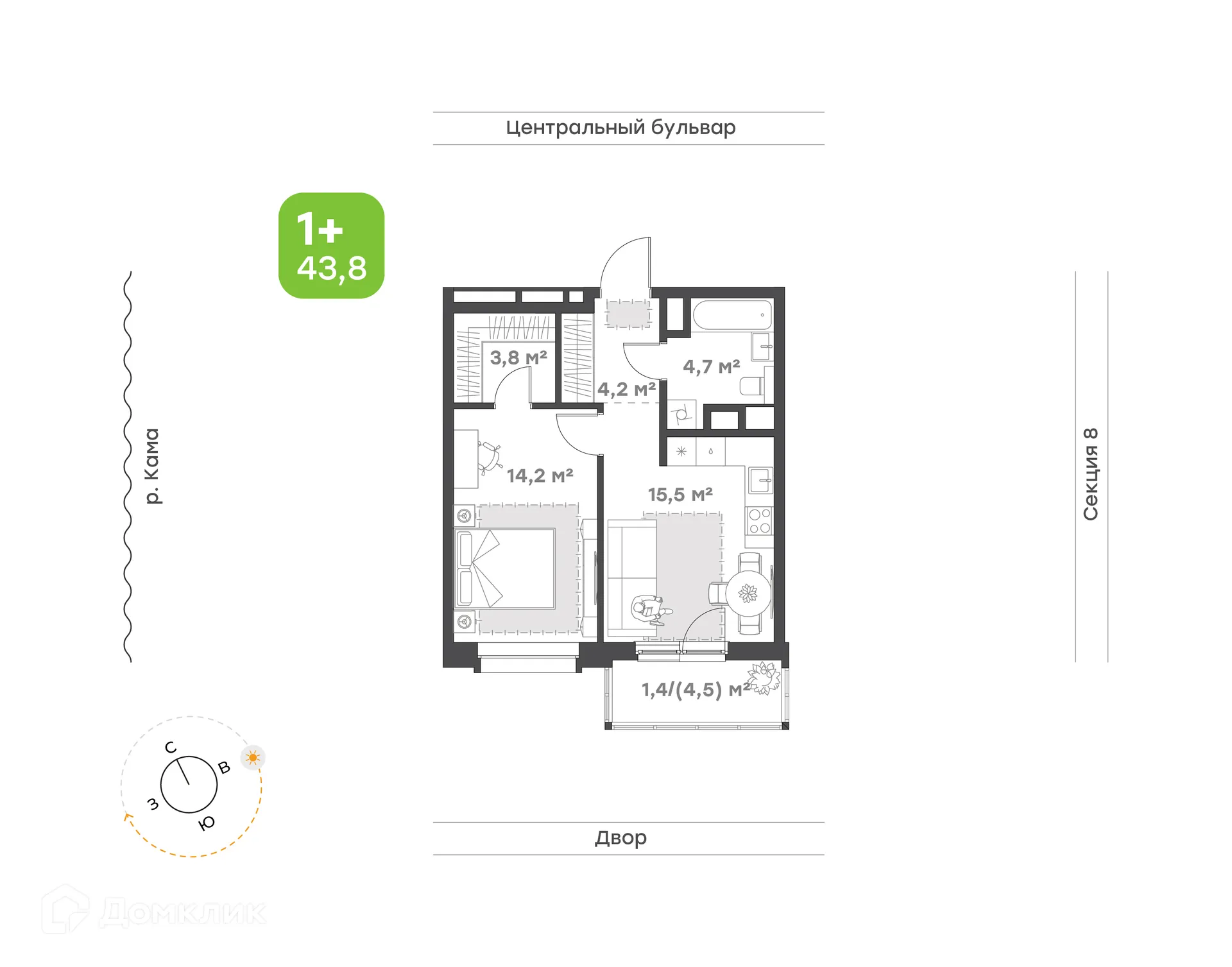 Планировка 1-комнатной квартиры 43.8 м² в ЖК Премьер-квартал на Набережной, г. Набережные Челны — фото 1