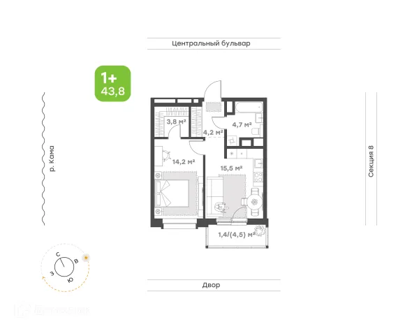 Планировка 1 комн. в ЖК Премьер-квартал на Набережной