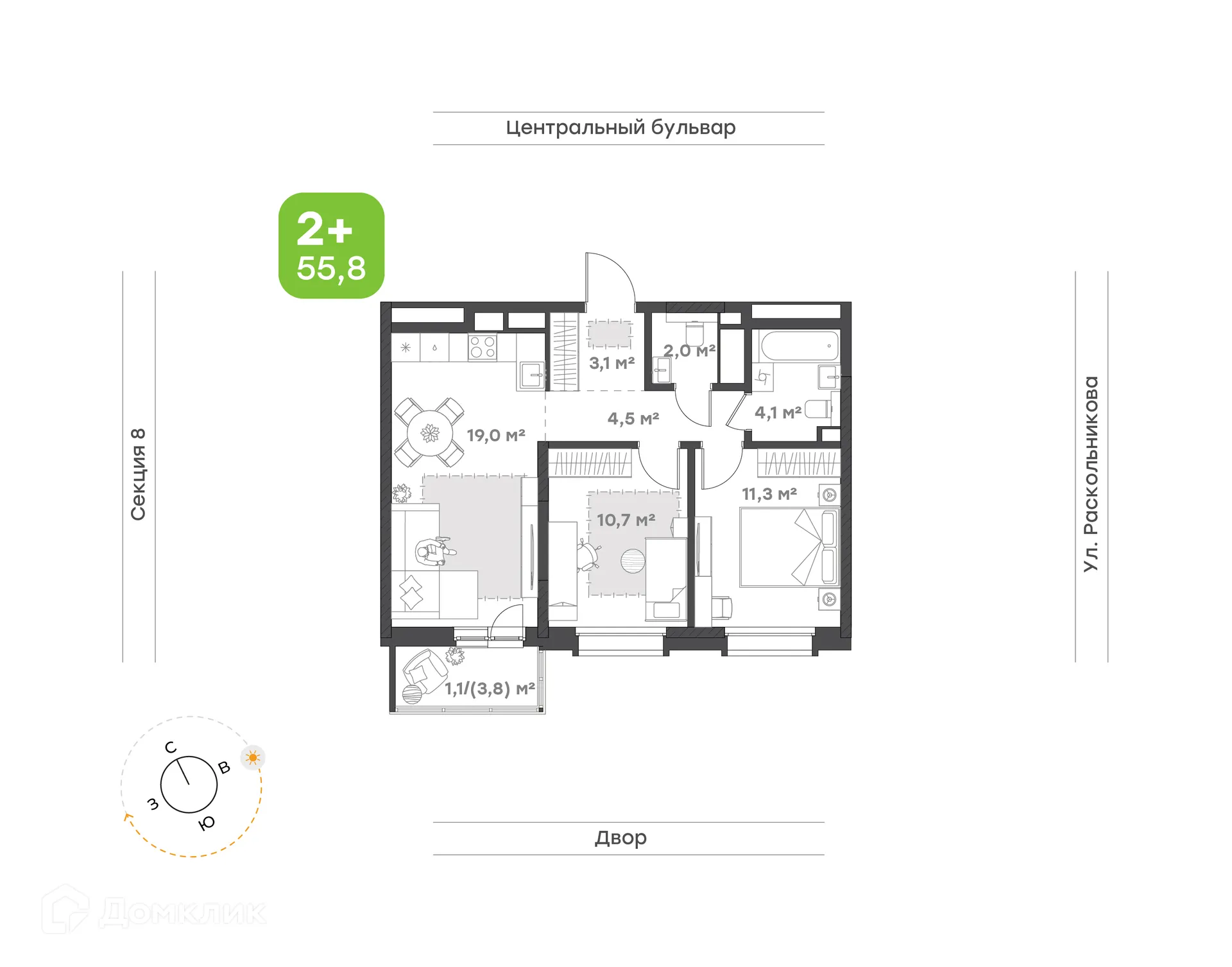 Планировка 2-комнатной квартиры 55.8 м² в ЖК Премьер-квартал на Набережной, г. Набережные Челны — фото 1