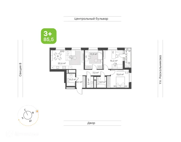 Планировка 3 комн. в ЖК Премьер-квартал на Набережной
