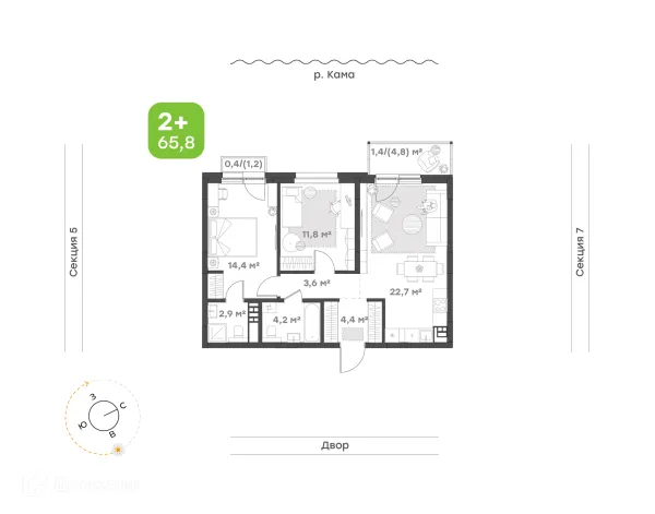 Планировка 2 комн. в ЖК Премьер-квартал на Набережной
