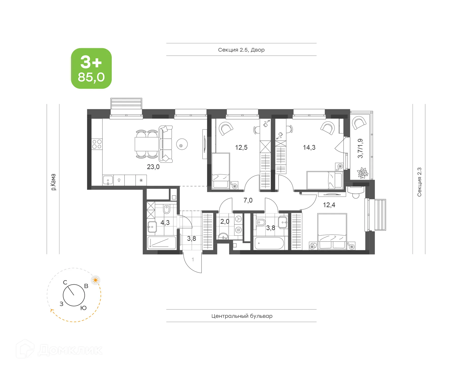 Планировка 3-комнатной квартиры 85 м² в ЖК Премьер-квартал на Набережной, г. Набережные Челны — фото 1