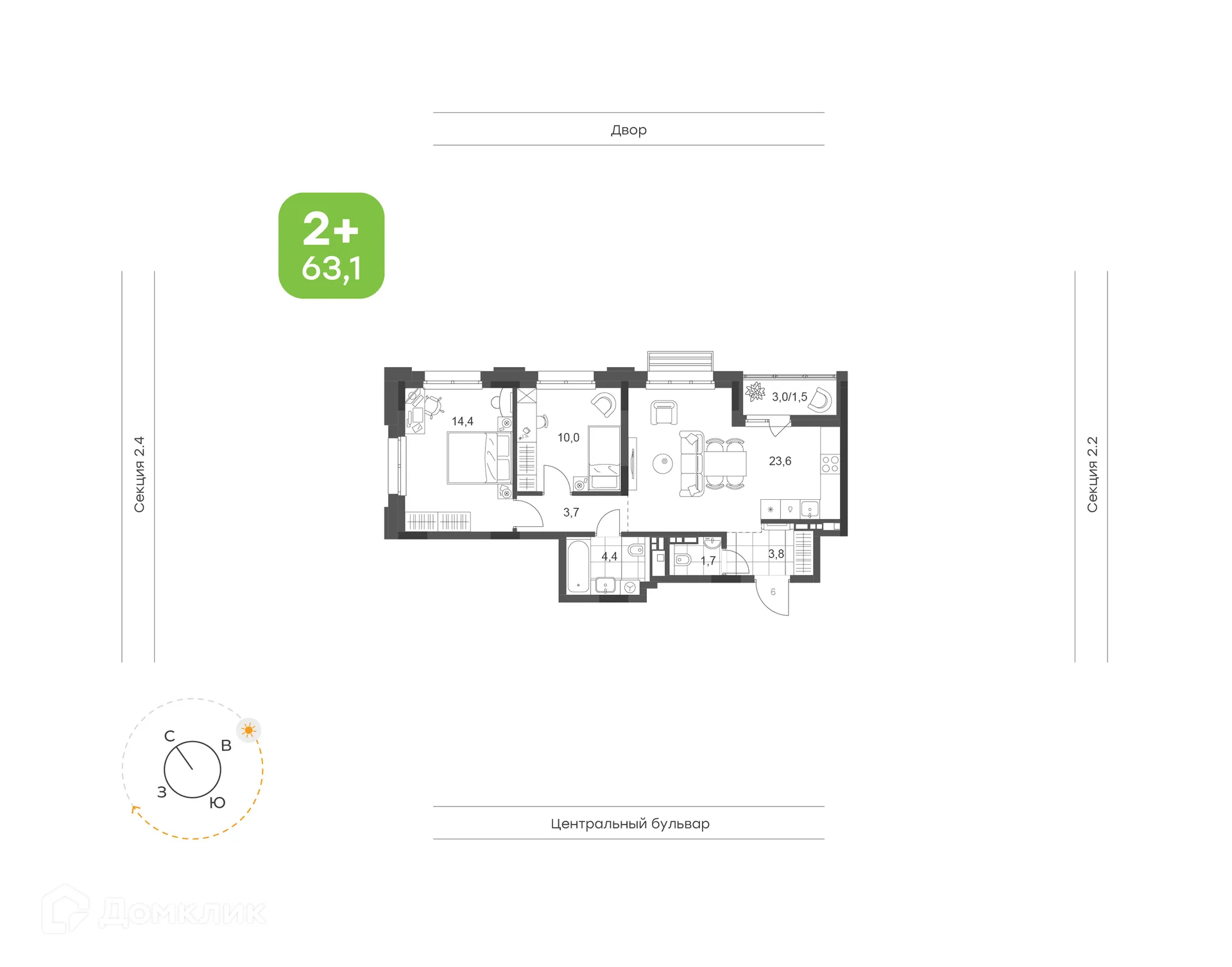 Планировка 2-комнатной квартиры 63.1 м² в ЖК Премьер-квартал на Набережной, г. Набережные Челны — фото 1
