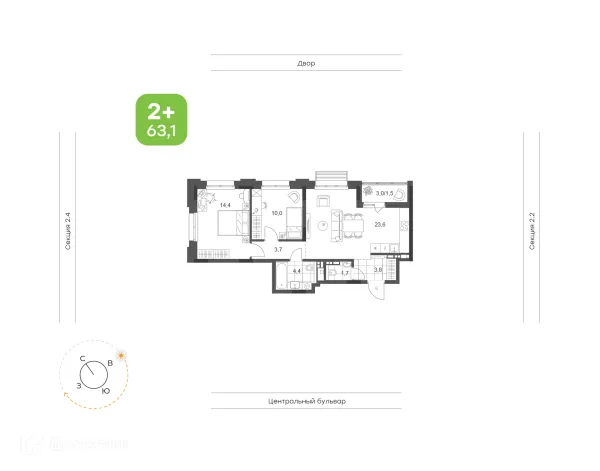 Планировка 2 комн. в ЖК Премьер-квартал на Набережной