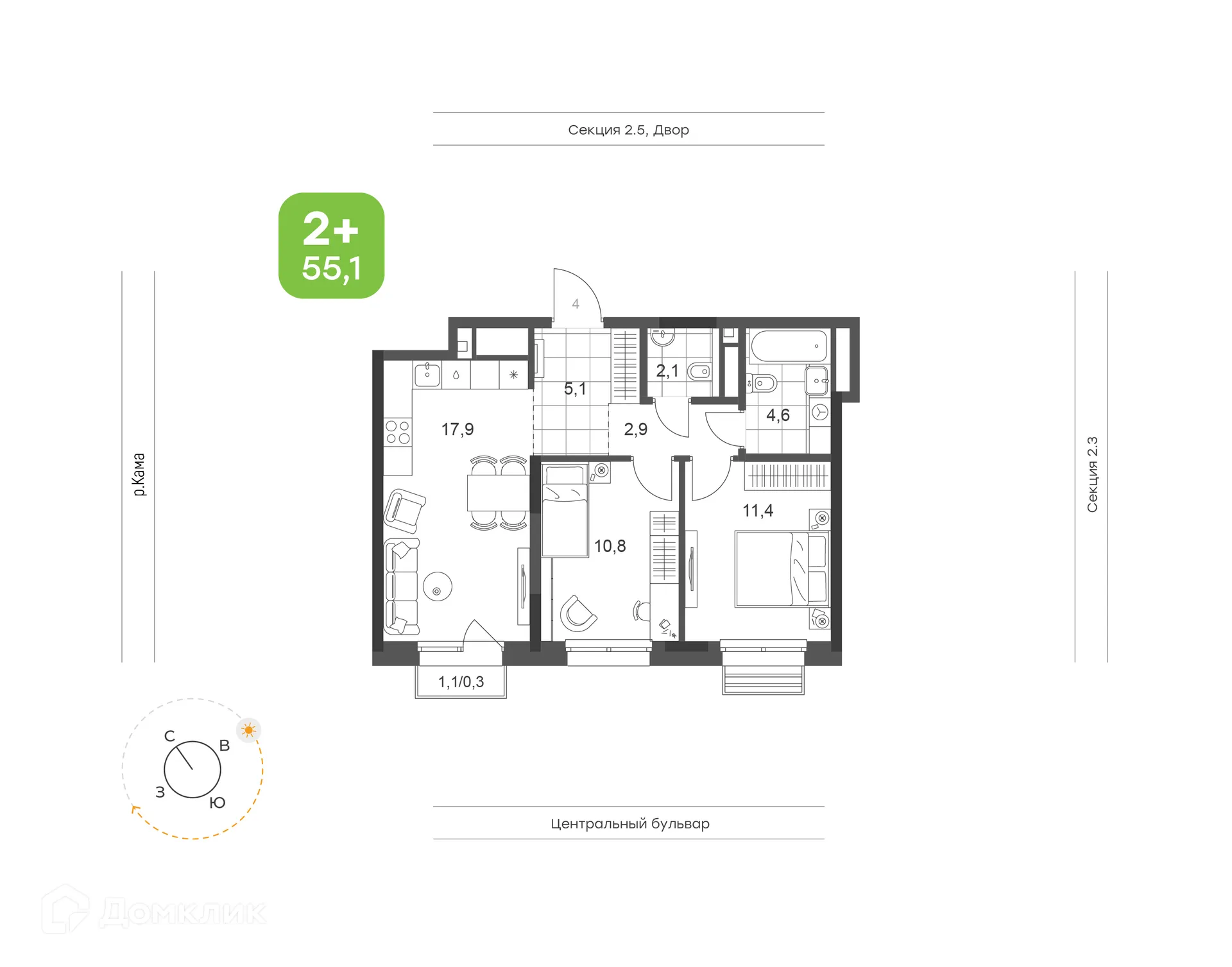 Планировка 2-комнатной квартиры 55.1 м² в ЖК Премьер-квартал на Набережной, г. Набережные Челны — фото 1