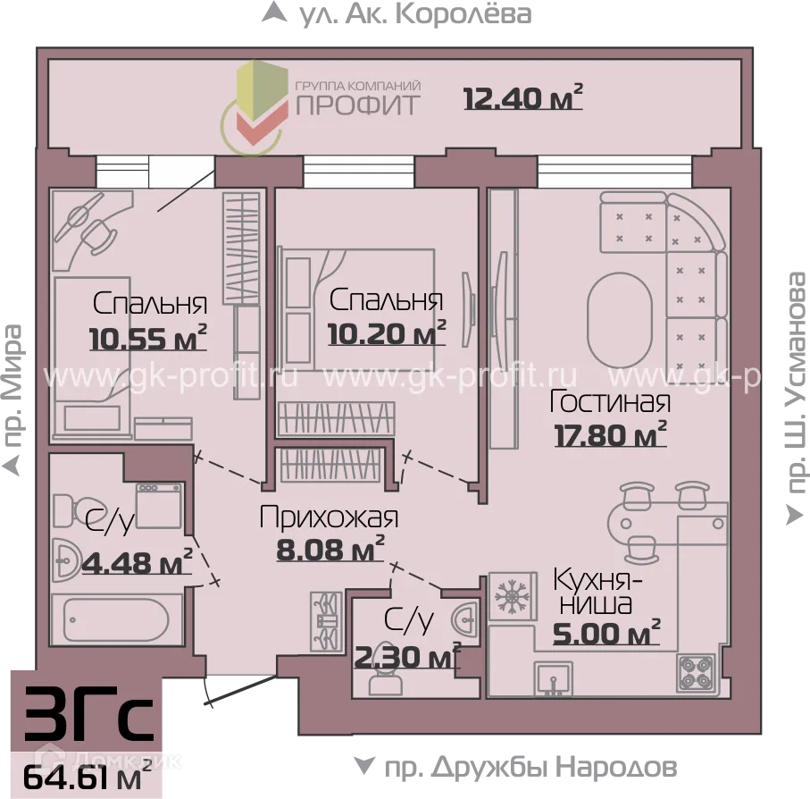 Планировка 3-комнатной квартиры 64.5 м² в ЖК Новый, г. Набережные Челны — фото 1
