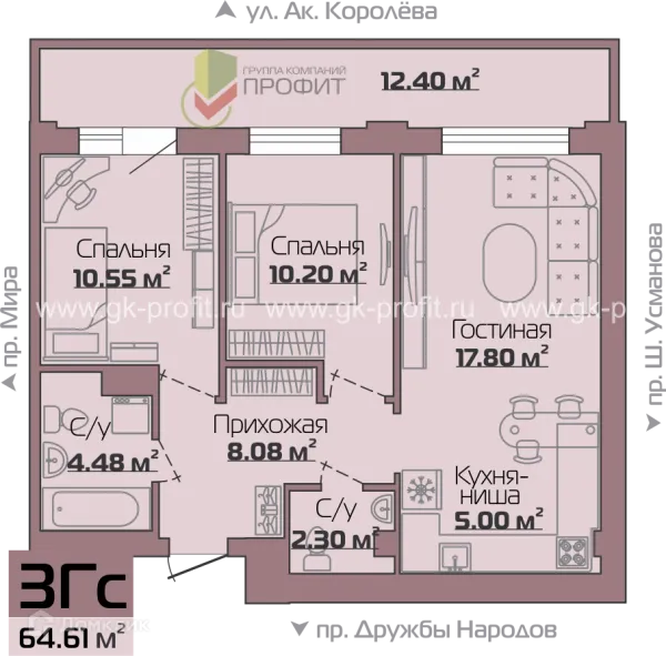 Планировка 3 комн. в ЖК Новый