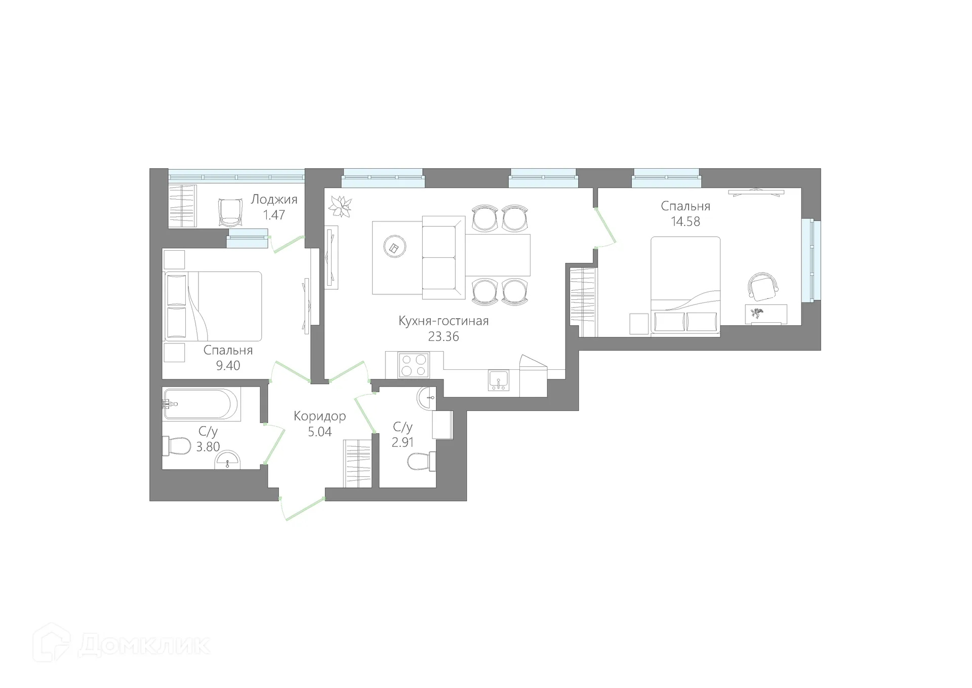 Планировка 2-комнатной квартиры 60.56 м² в ЖК ЛАЙФ, г. Нефтекамск — фото 1