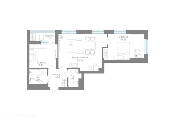 Планировка 2 комн. в ЖК ЛАЙФ