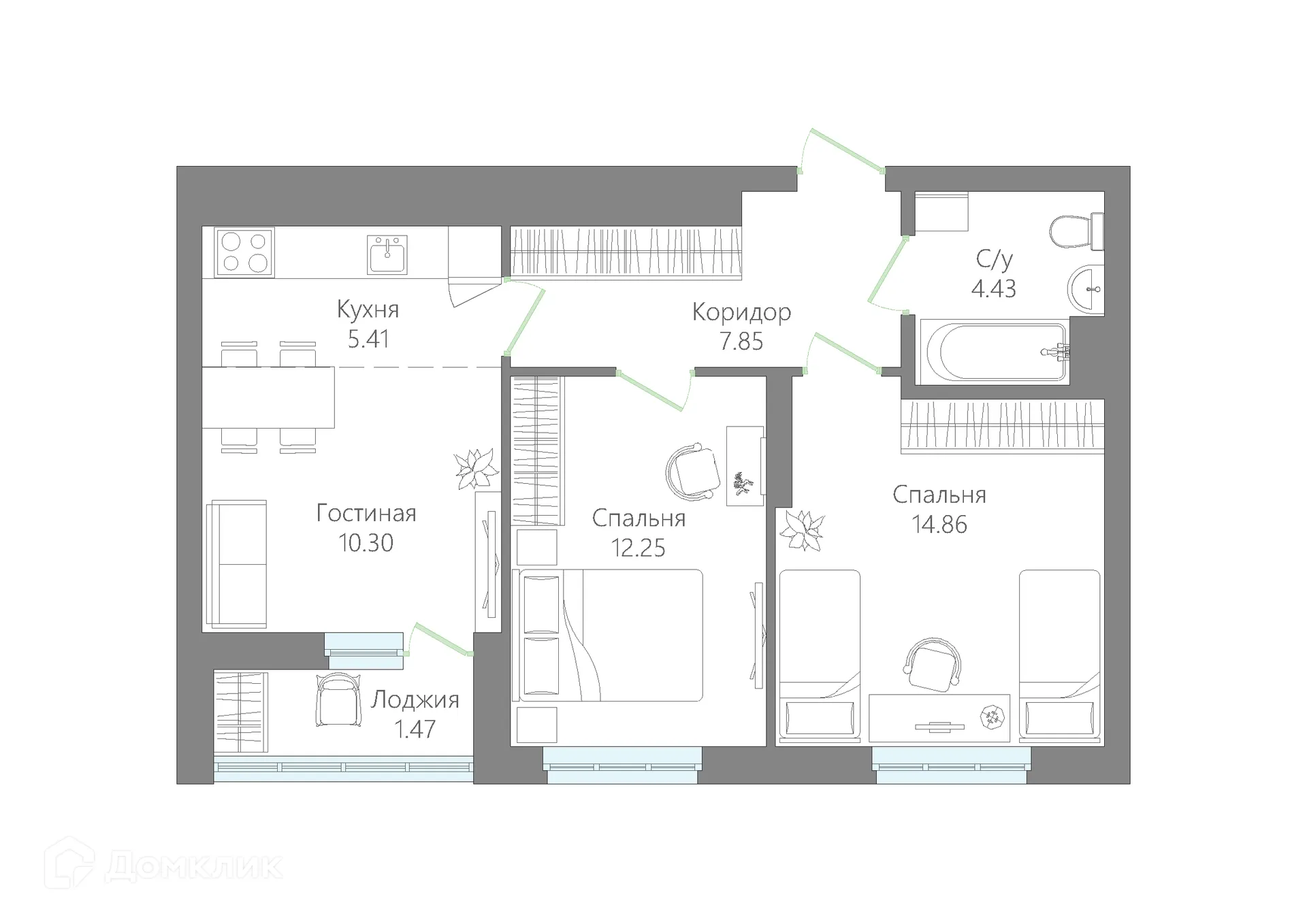 Планировка 2-комнатной квартиры 56.57 м² в ЖК ЛАЙФ, г. Нефтекамск — фото 1