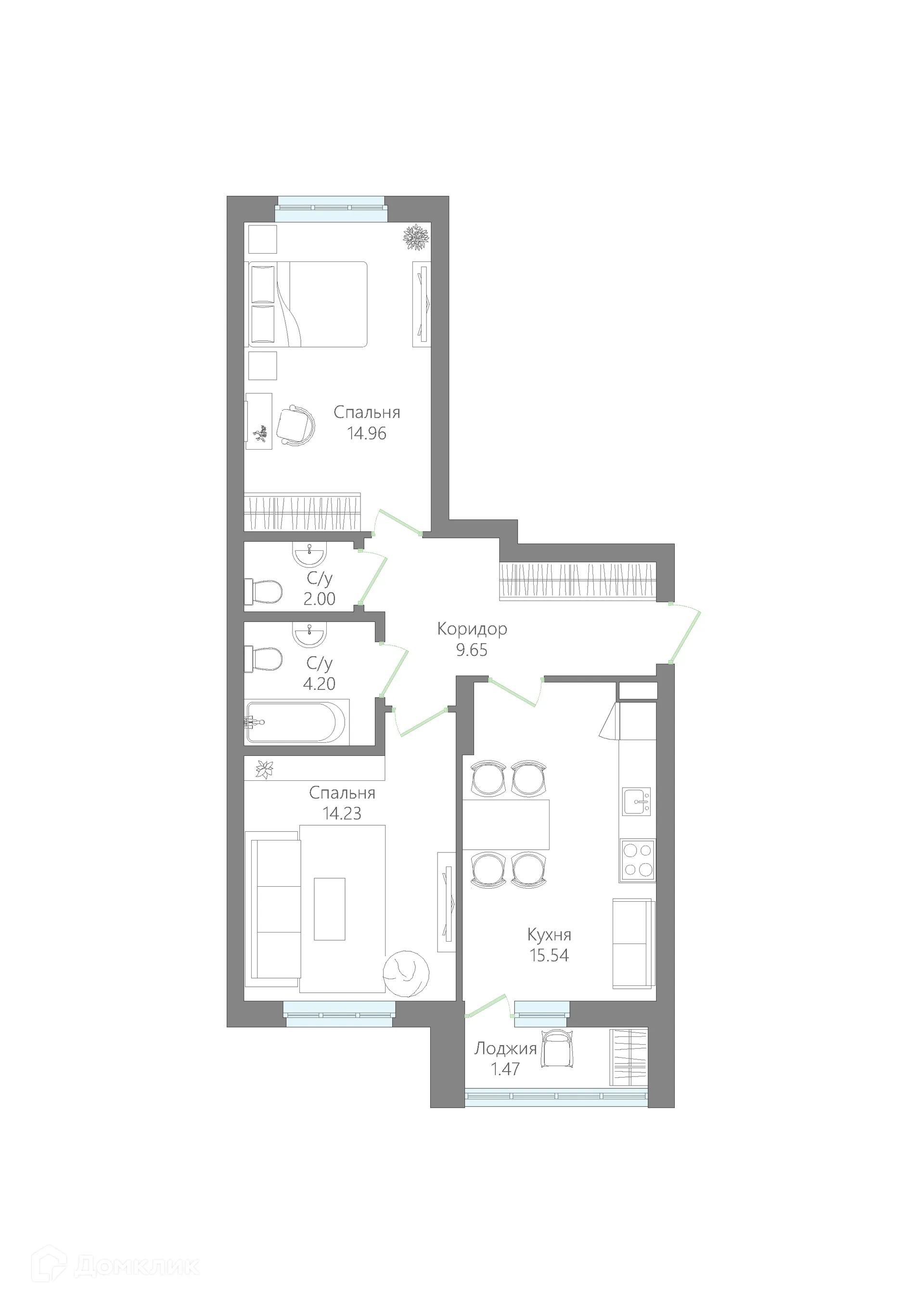 Планировка 2-комнатной квартиры 62.05 м² в ЖК ЛАЙФ, г. Нефтекамск — фото 1