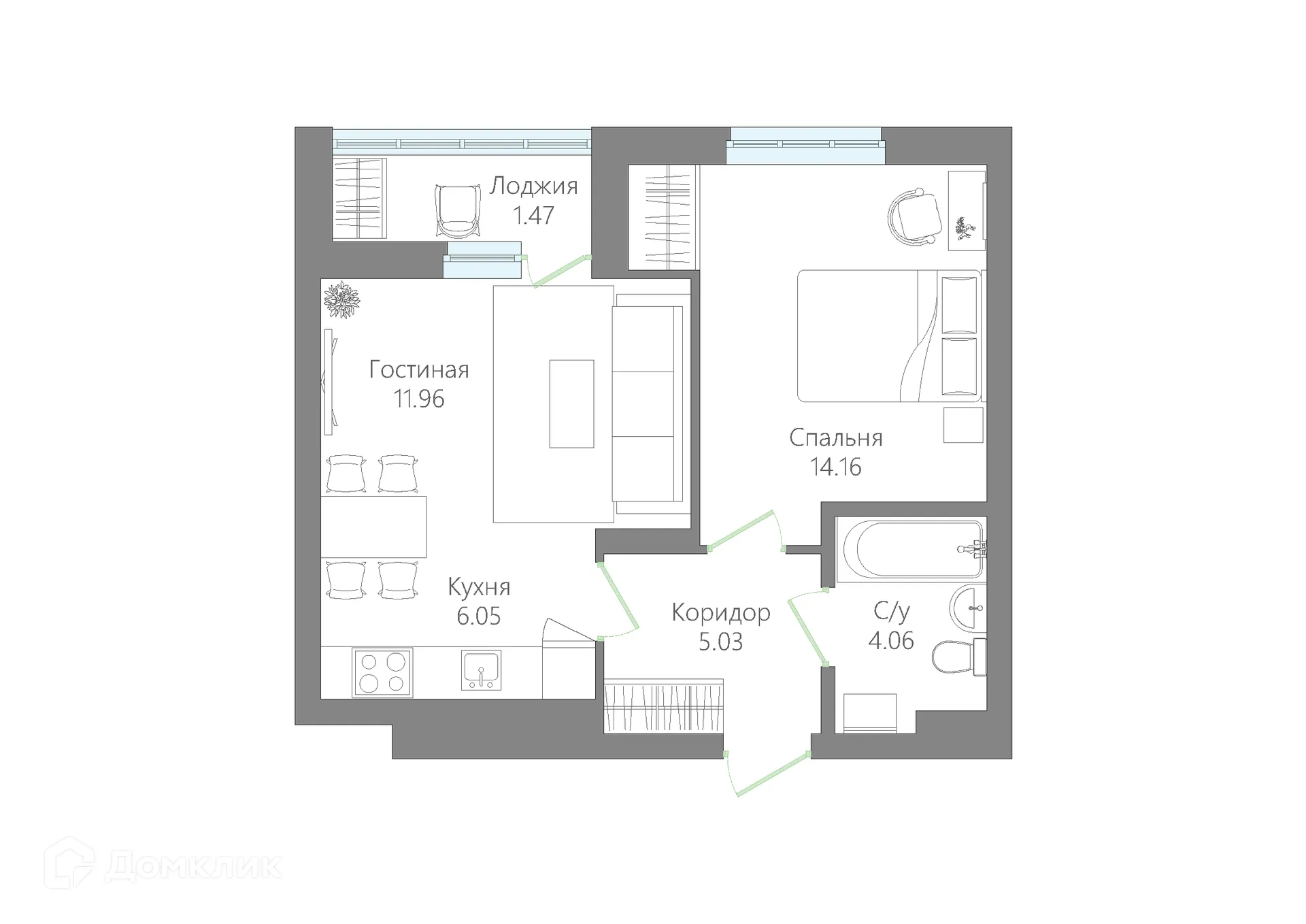 Планировка 1-комнатной квартиры 42.73 м² в ЖК ЛАЙФ, г. Нефтекамск — фото 1