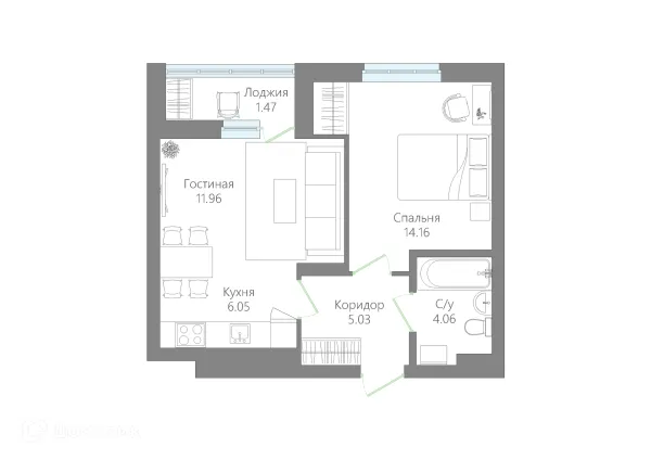 Планировка 1 комн. в ЖК ЛАЙФ