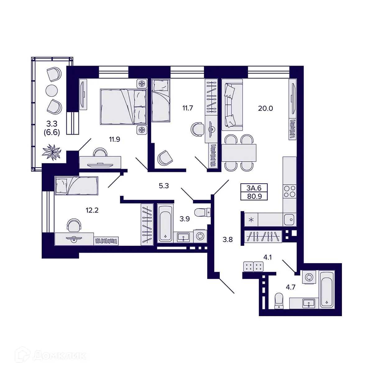 Планировка 3-комнатной квартиры 80.9 м² в ЖК Сподвижники, г. Новосибирск — фото 2