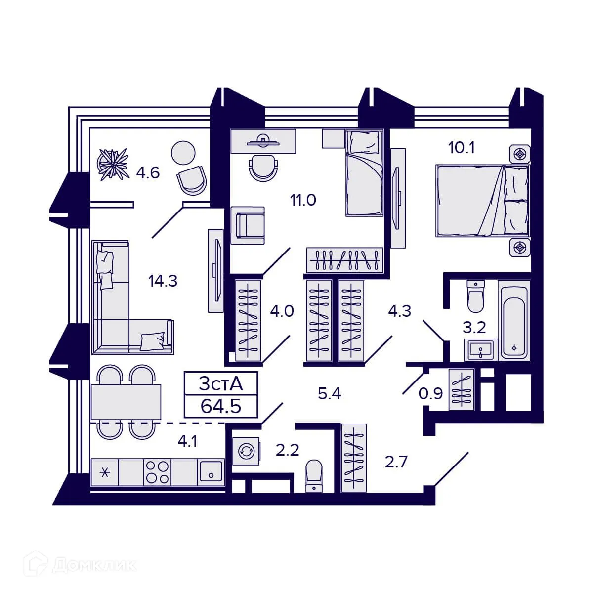 Планировка 3-комнатной квартиры 64.5 м² в ЖК Citatum (Цитатум), г. Новосибирск — фото 2