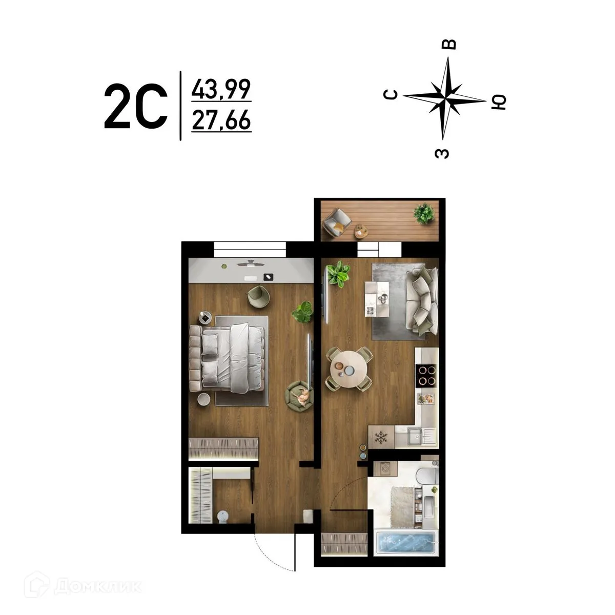 Планировка 2-комнатной квартиры 43.99 м² в ЖК "Радуга Сибири", г. Новосибирск — фото 1
