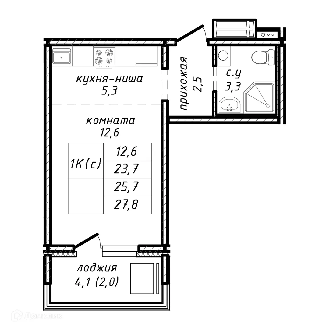 Планировка 1-комнатной квартиры 25.7 м² в ЖК Азимут, г. Новосибирск — фото 1