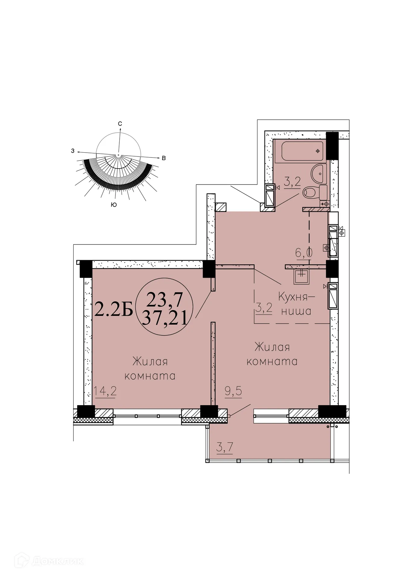 Планировка 2-комнатной квартиры 36 м² в ЖК "КрымSKY (Крымский)", г. Новосибирск — фото 1