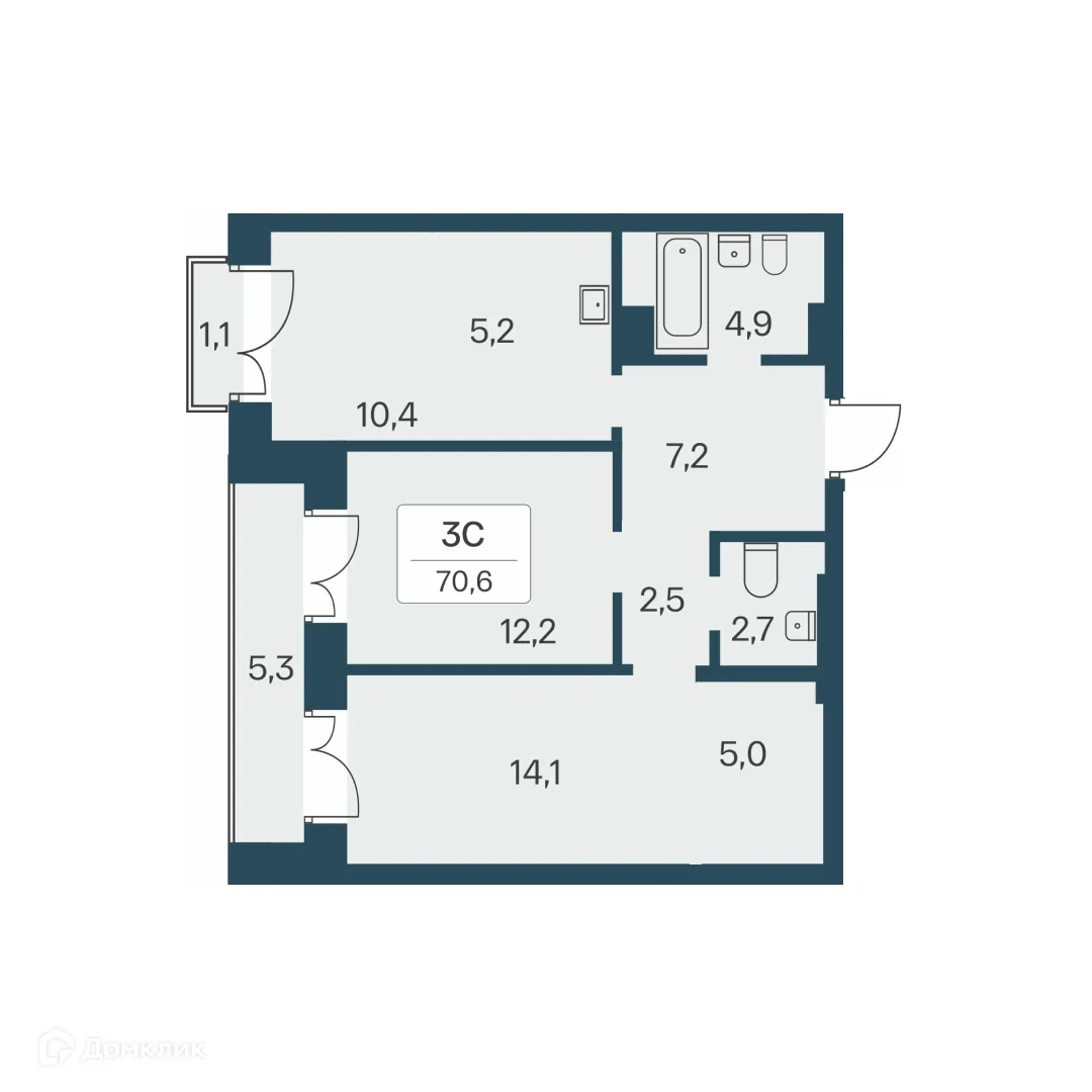 Планировка 3-комнатной квартиры 70.6 м² в ЖК Расцветай на Красном, г. Новосибирск — фото 1