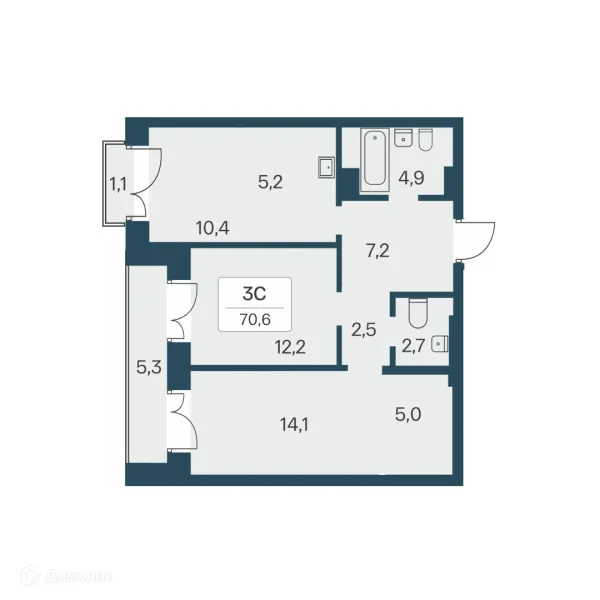 Планировка 3 комн. в ЖК Расцветай на Красном