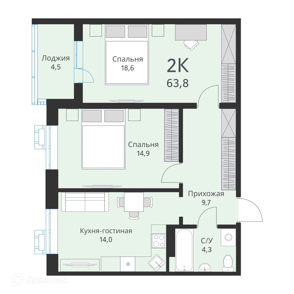 Планировка 2-комнатной квартиры 63.8 м² в ЖК "Ежевика", г. Новосибирск — фото 1