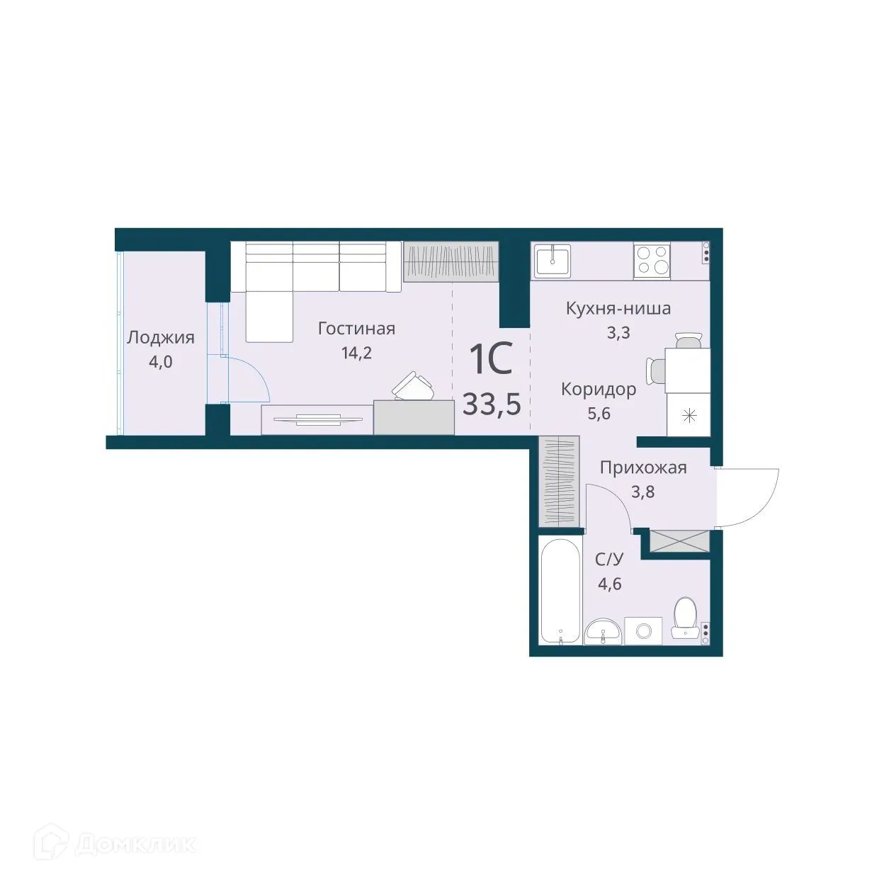 Планировка студии квартиры 33.5 м² в ЖК Виноград, г. Новосибирск — фото 1