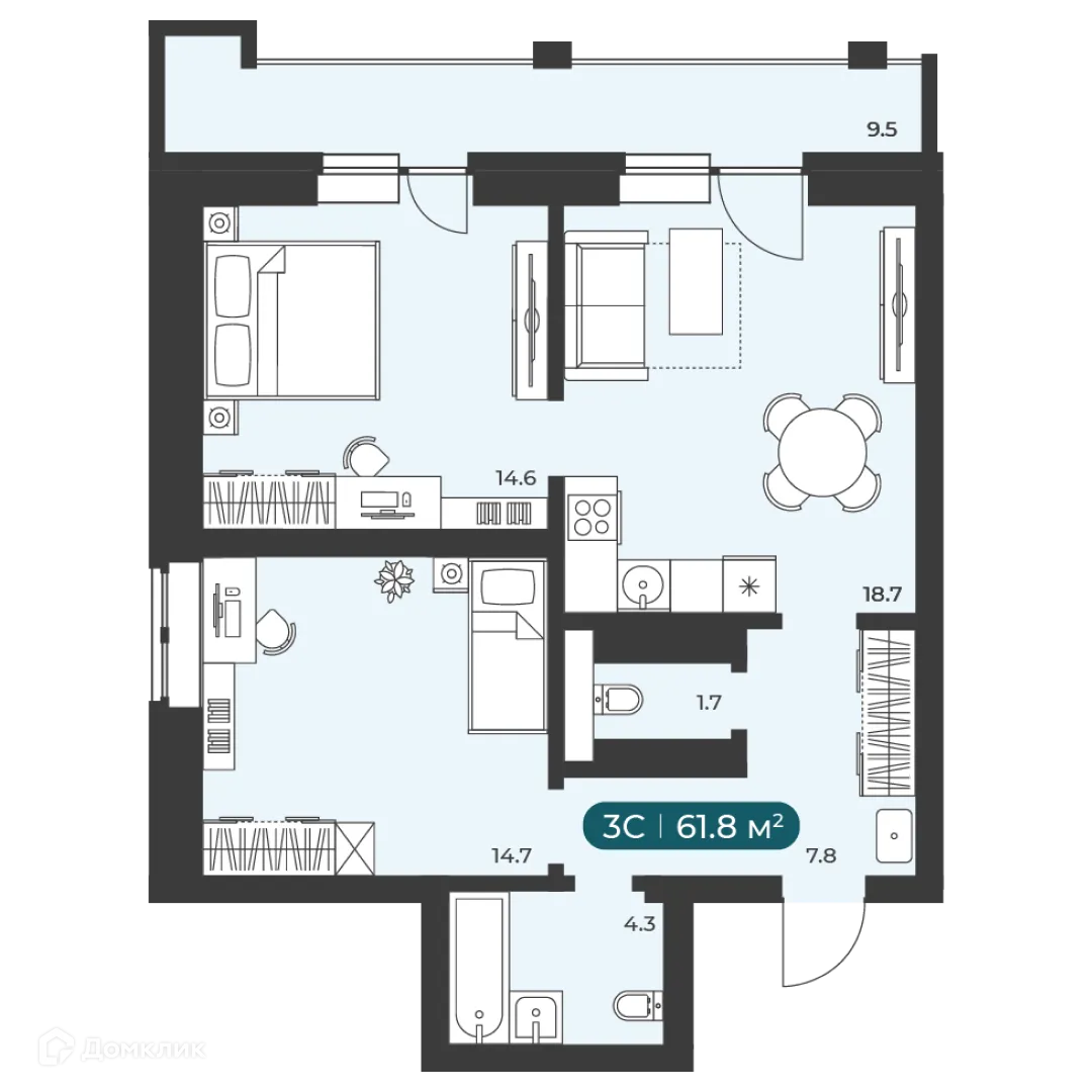 Планировка 3-комнатной квартиры 61.8 м² в ЖК"Черемушки" на Приморской, г. Новосибирск — фото 1