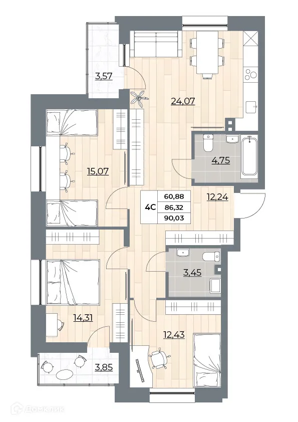 Планировка 4-комнатной квартиры 90.03 м² в ЖК Рубин, г. Новосибирск — фото 3