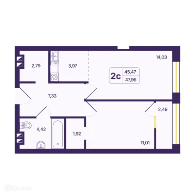 Планировка 2-комнатной квартиры 46.41 м² в ЖК Астон. Шесть звезд, г. Новосибирск — фото 1