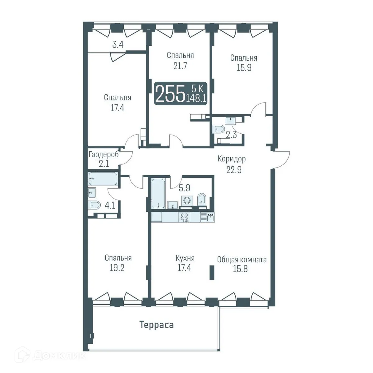 Планировка 5-комнатной квартиры 144.7 м² в ЖК "КВАРТАЛЫ НЕМИРОВИЧА", г. Новосибирск — фото 1