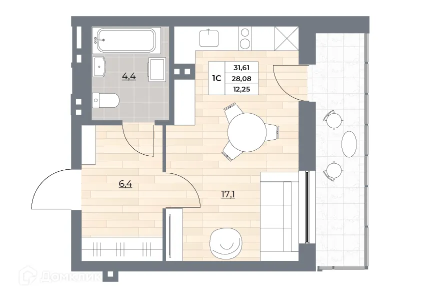 Планировка студии квартиры 31.61 м² в ЖК Рубин, г. Новосибирск — фото 3