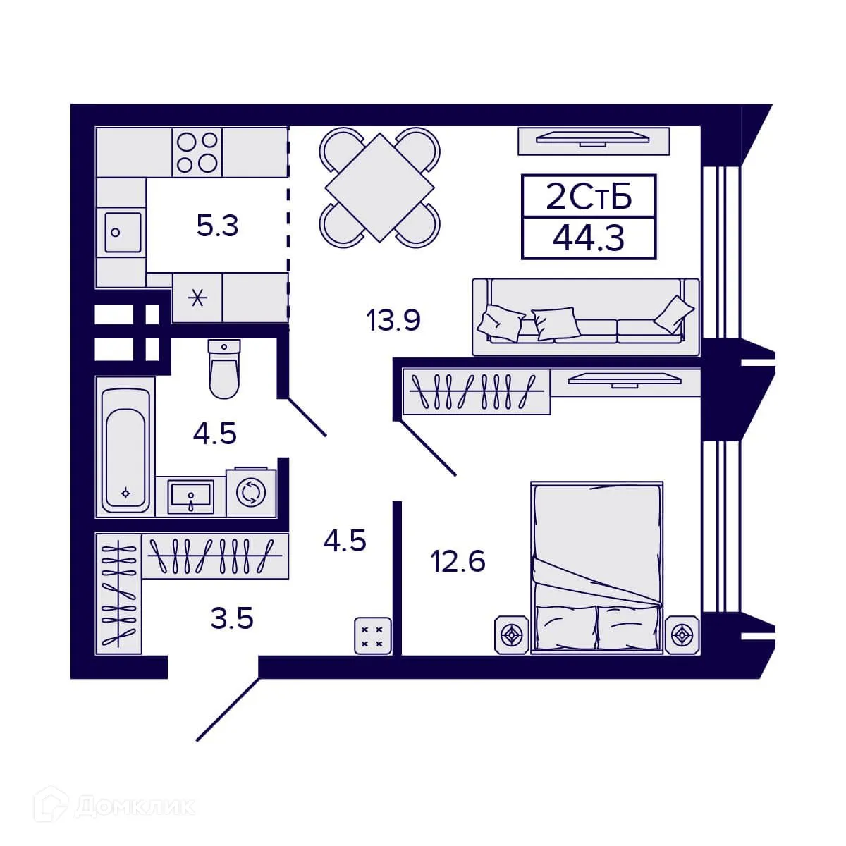 Планировка 2-комнатной квартиры 44.3 м² в ЖК Citatum (Цитатум), г. Новосибирск — фото 2