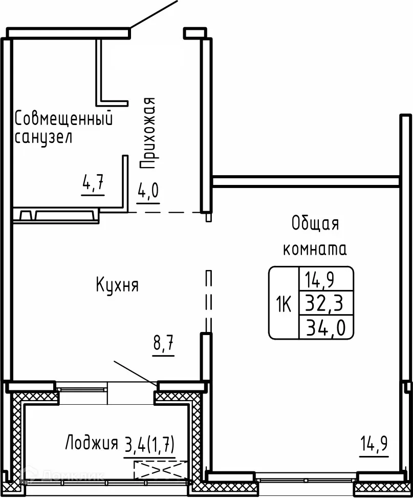 Планировка 1-комнатной квартиры 34 м² в ЖК САМОЦВЕТЫ, г. Новосибирск — фото 1