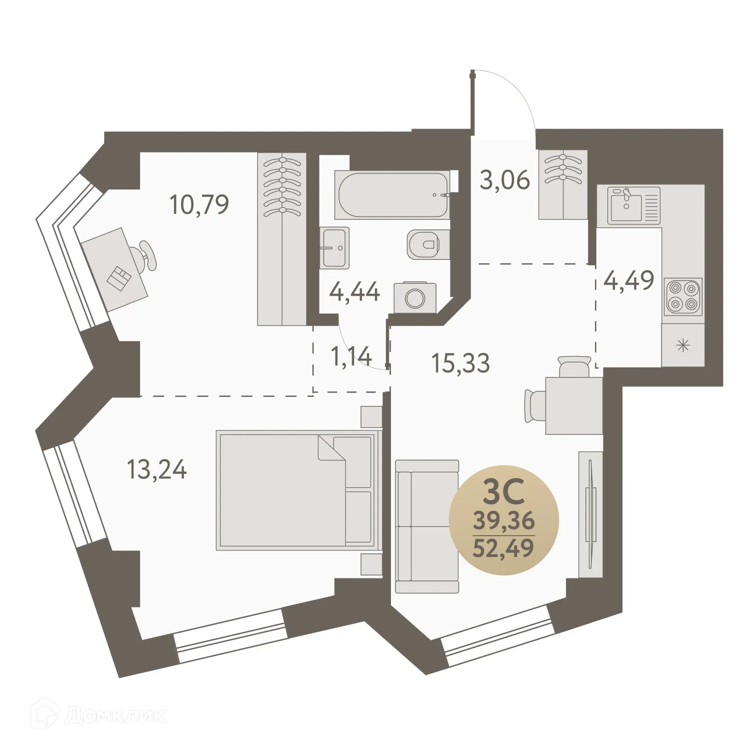Планировка 3-комнатной квартиры 52.49 м² в ЖК Urban peaks (Урбан пикс), г. Новосибирск — фото 1