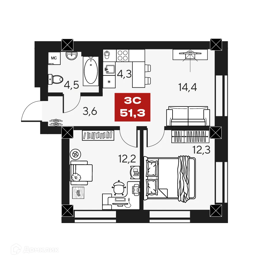 Планировка 3-комнатной квартиры 51.3 м² в ЖК МАКИ, г. Новосибирск — фото 1