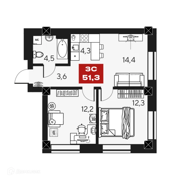 Планировка 3 комн. в ЖК МАКИ