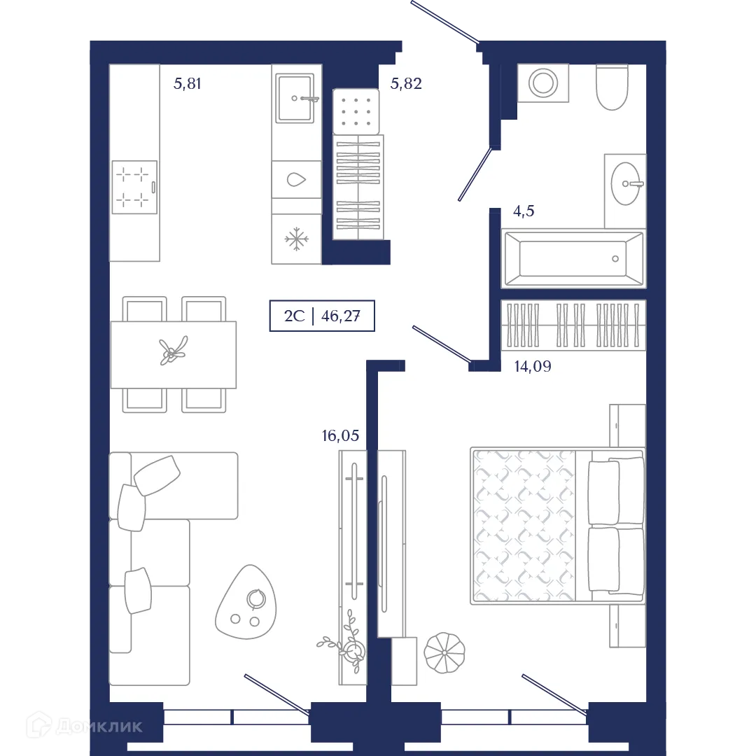 Планировка 2-комнатной квартиры 46.27 м² в ЖК Unity Center (Юнити Центр), г. Новосибирск — фото 1