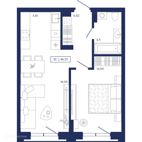 Планировка 2 комн. в ЖК Unity Center (Юнити Центр)