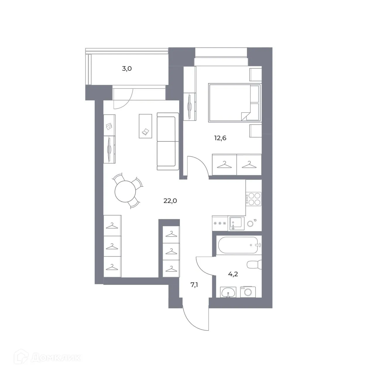 Планировка 1-комнатной квартиры 48.9 м² в ЖК Прованс, г. Новосибирск — фото 1