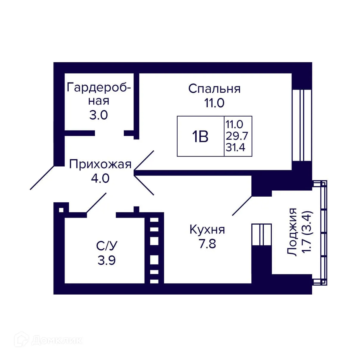 Планировка 1-комнатной квартиры 31.4 м² в ЖК Сподвижники, г. Новосибирск — фото 1