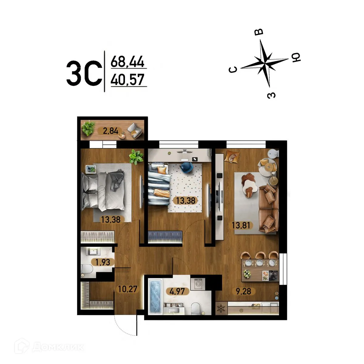 Планировка 3-комнатной квартиры 68.44 м² в ЖК "Радуга Сибири", г. Новосибирск — фото 1