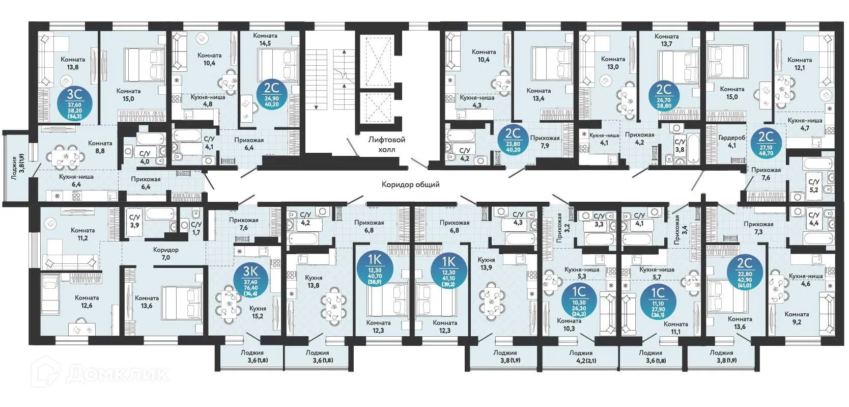 Планировка 1-комнатной квартиры 39.2 м² в ЖК Семейный квартал, г. Новосибирск — фото 3