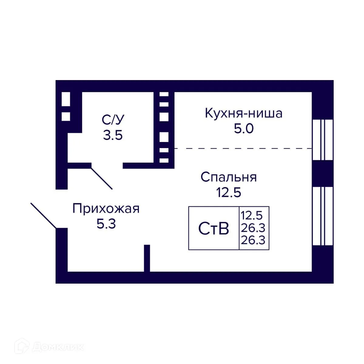 Планировка студии квартиры 26.3 м² в ЖК Сподвижники, г. Новосибирск — фото 1