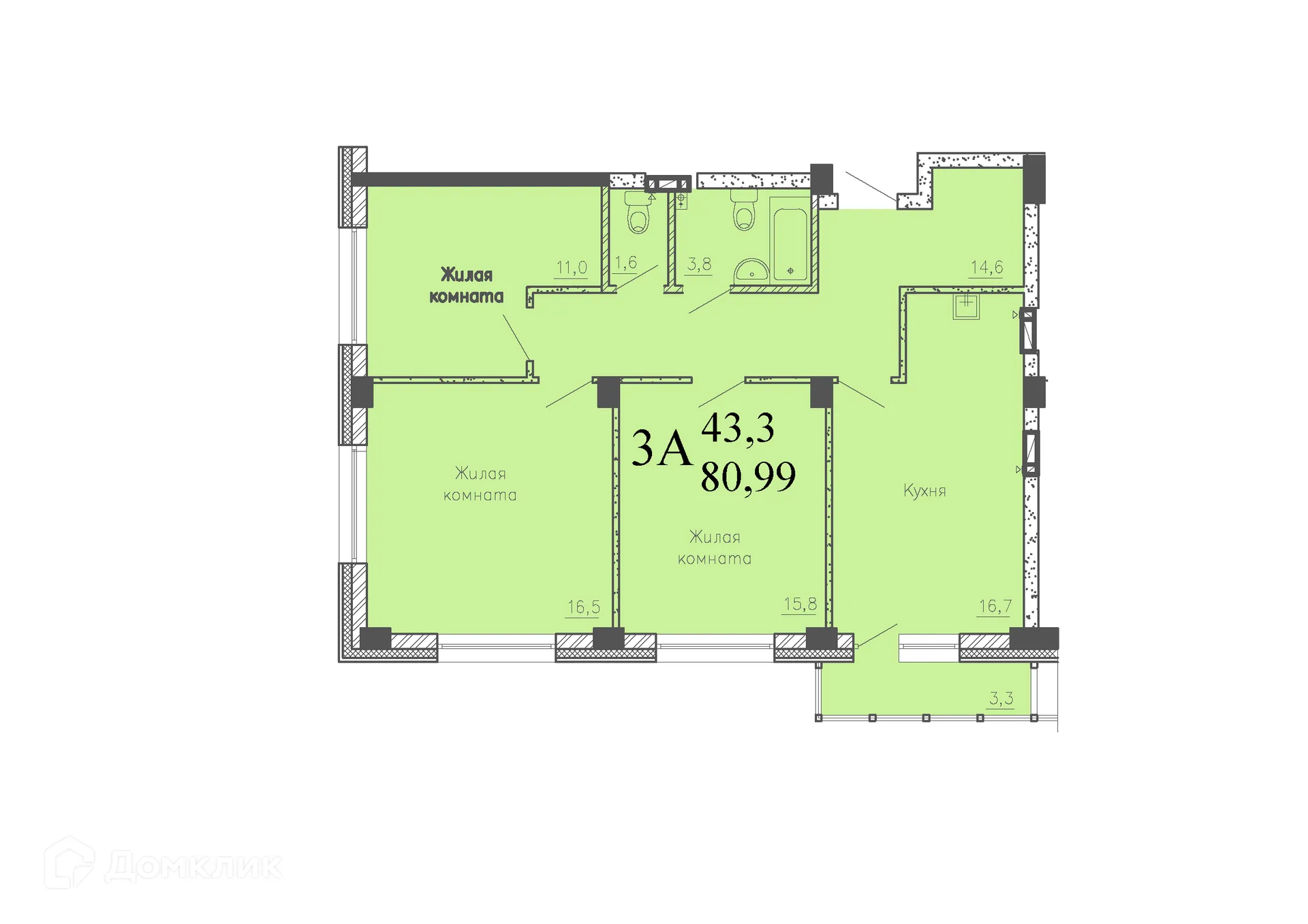 Планировка 3-комнатной квартиры 79.3 м² в ЖК "RedFox (РэдФокс)", г. Новосибирск — фото 1