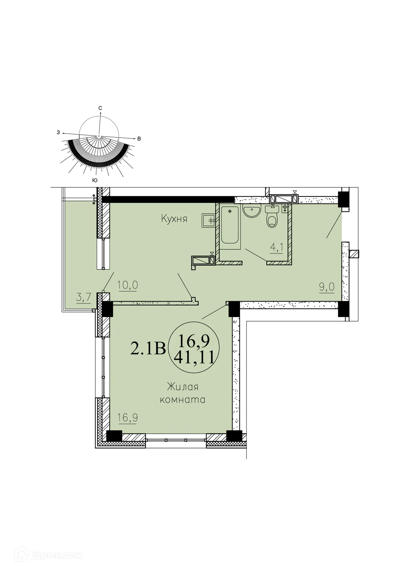 Планировка 1-комнатной квартиры 40 м² в ЖК "КрымSKY (Крымский)", г. Новосибирск — фото 1