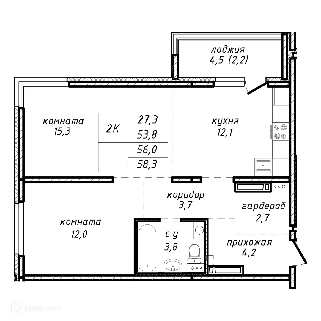 Планировка 2-комнатной квартиры 56 м² в ЖК Азимут, г. Новосибирск — фото 1