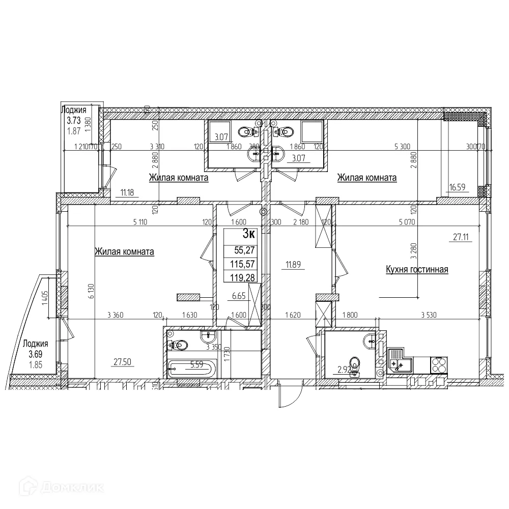 Планировка 3-комнатной квартиры 115.5 м² в ЖК Возрождение, г. Новосибирск — фото 1