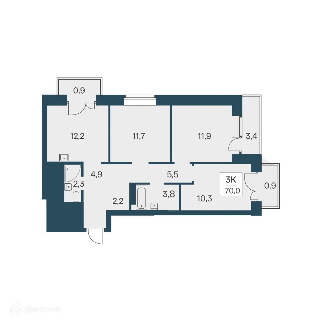 Планировка 3-комнатной квартиры 70 м² в ЖК Расцветай на Красном, г. Новосибирск — фото 1