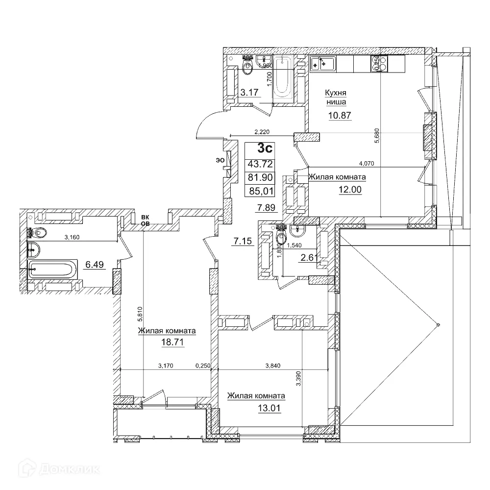 Планировка 2-комнатной квартиры 81.9 м² в ЖК Чернышевский, г. Новосибирск — фото 1