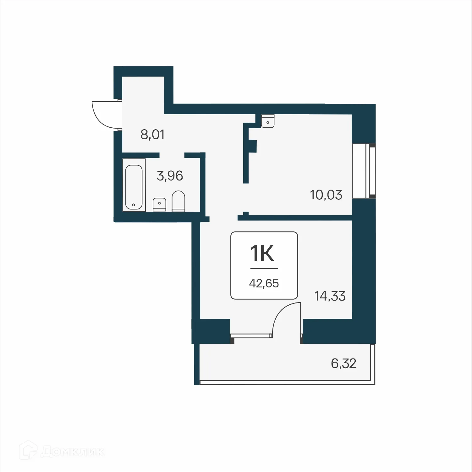 Планировка 1-комнатной квартиры 42.2 м² в ЖК Сакура парк, г. Новосибирск — фото 1